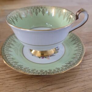 Queen Anne Pale Green Gold Garland Floral Teacup Saucer Set #4420 Royalcore